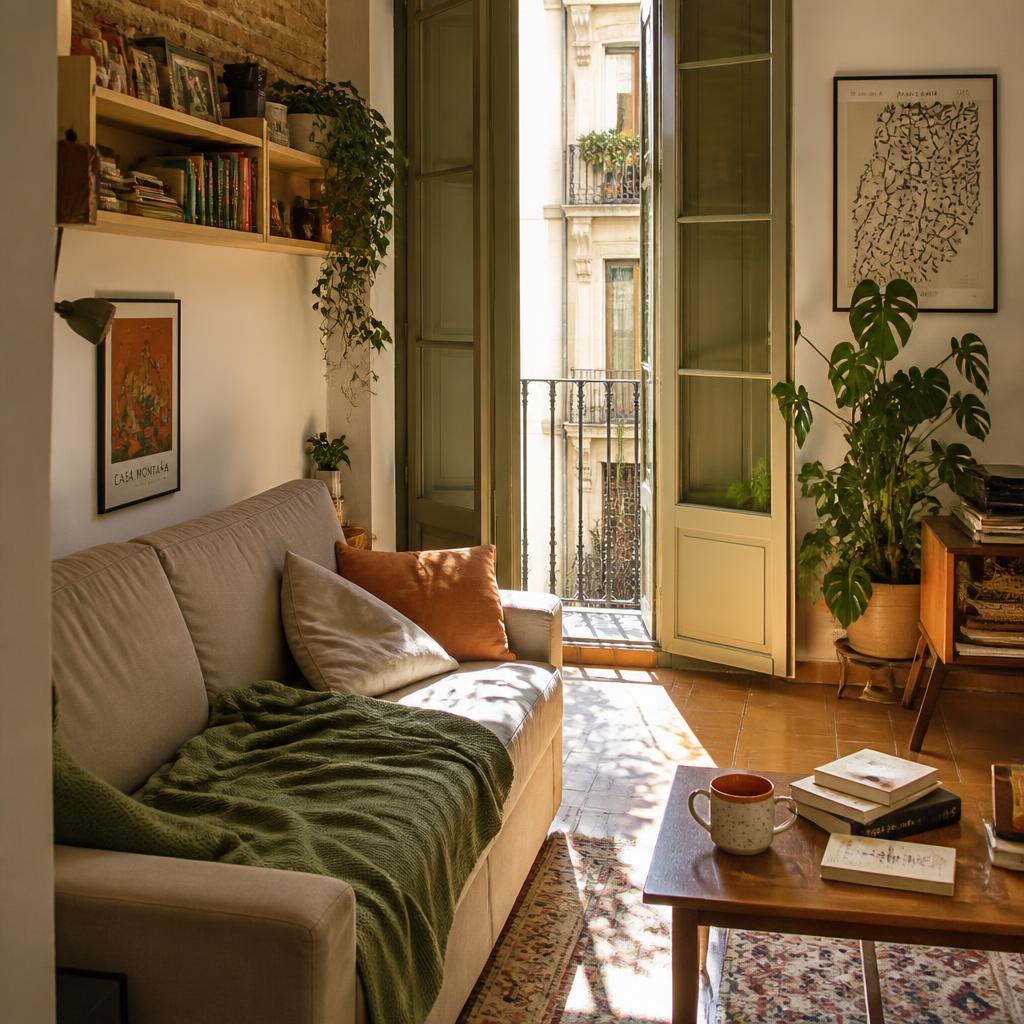 Warm minimalist Barcelona apartment interior with exposed brick