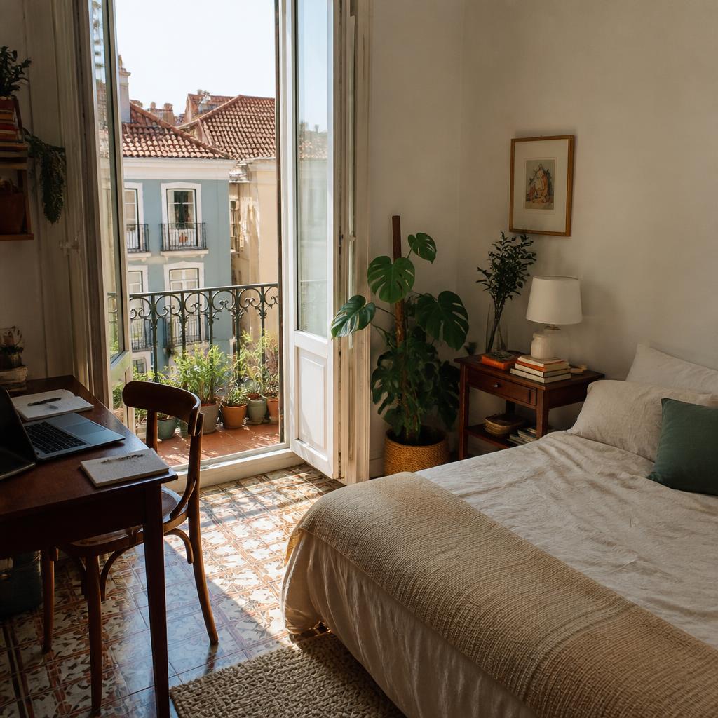 Sun-drenched Lisbon apartment interior with terracotta tiles